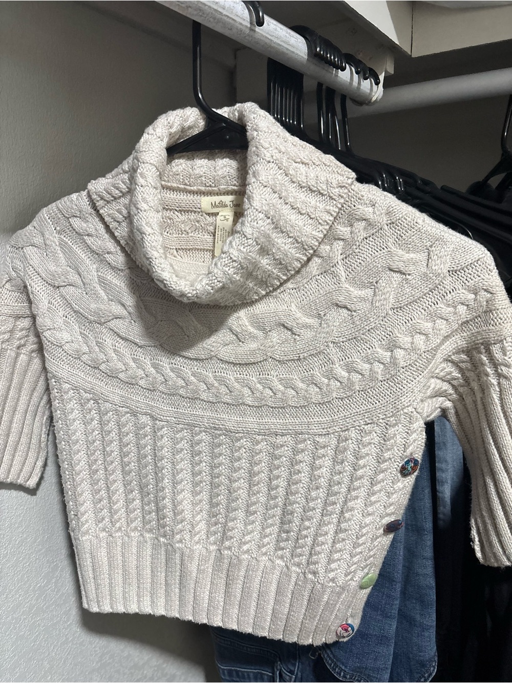 Matilda Jane Cream Cable Cowl-Neck Short Sleeve Sweater with Decorative Buttons